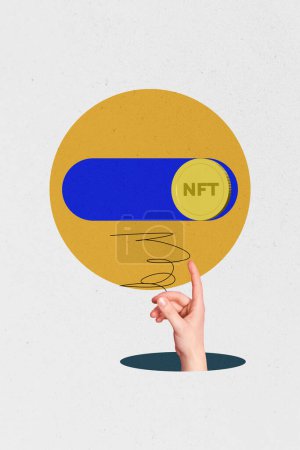 Vertical collage picture human arm hand body fragment toggle nft app internet trading button drawing doodles body fragment.