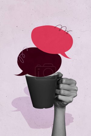 Vertical photo collage of hand hold coffee cup break drink cloud communication talk discussion speech isolated on painted background.