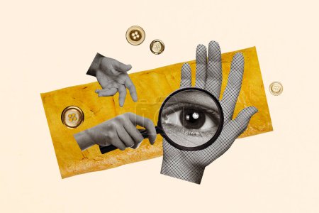 Composite Collage Bild der Hände halten Lupe Lupe Auge Spionage beobachten Untersuchung Fantasie Plakatwand Comics zine.