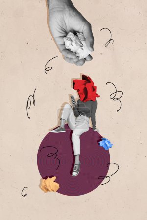 Vertical picture collage young headless girl smartphone digital device human hand paper trash rubbish caricature drawing background.