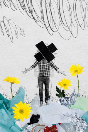 Trend composite artwork 3d collage of black white silhouette young headless guy cross instead stand in trash plastic with nature flovers.