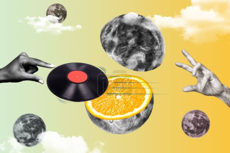 Creative abstract composite 3d photo collage of hand throw vintage vinyl disk slice moon orange fruit isolated on painted background.