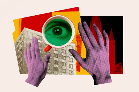 Composite Collage Bild Bild von städtischen Gebäuden Auge aus Kaffeetasse Spionage Nachrichten beobachten bizarre ungewöhnliche Fantasie Plakatwand.