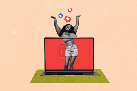 Collage créatif photo jeune femme heureuse joyeuse célébrer la popularité des médias sociaux écran d'ordinateur portable recevoir des commentaires aime pouce vers le haut.