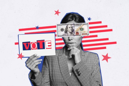 Creative picture collage young businesswoman offer money banknote vote bribe hundred dollars election political power drawing background.