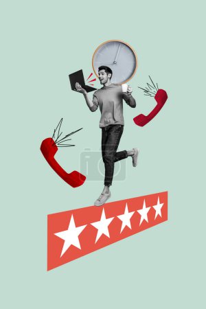 Vertikale Foto-Collage junger energischer laufender Mann klingelt Telefon-Antwort-Anruf Laptop überlasteter Arbeiter beschäftigt Zeitmanagement.