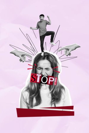 Vertical photo collage screaming woman stop harassment bullying mental pressure aggressive furious man shaming pointing finger.
