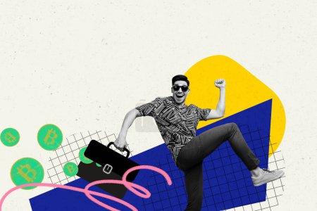 Creative collage young running funky man sunglass lucky entrepreneur crypto trader tokens wealthy suitcase coins checkered background.