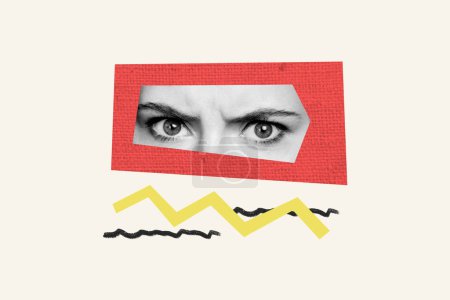 Composite Foto-Collage des weiblichen Gesichts körperlose kopflose Karikatur Wut Falten Stirnrunzeln Augen starren isoliert auf gemaltem Hintergrund.
