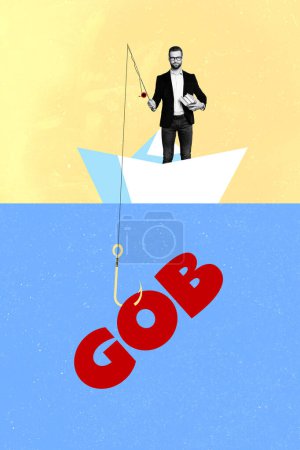 Collage 3d imagen de pinup pop retro bosquejo de hombre empleado empleo pesca búsqueda trabajo flotador papel barco extraño inusual fantasía valla publicitaria.