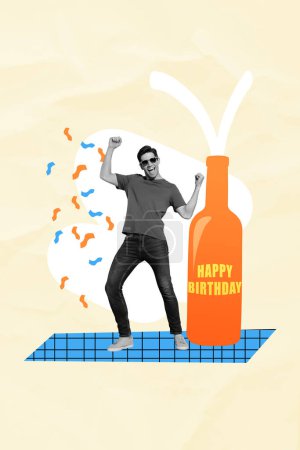 Collage picture of cheerful happy guy celebrate birthday in night club drink alco beverage isolated on drawing background.