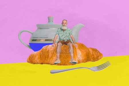 3D foto collage compuesto tendencia ilustraciones boceto de hombre de barba envejecida sentarse en enorme croissant olla de té grande detrás en la rotura de café tenedor.