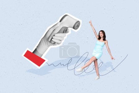 Composite photo collage of duck face woman hand hold temperature check technology thermometer coronavirus isolated on painted background.