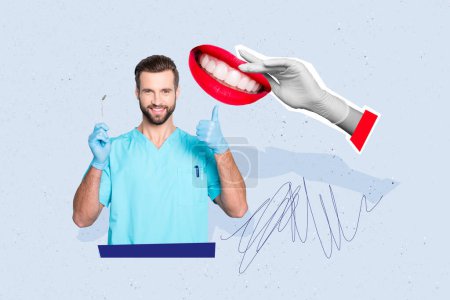 Creative photo collage young dentist handsome man showing thumb up toothcare whitening mouth drawing background caricature.