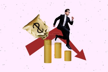 Creative collage running young businessman entrepreneur golden coins tokens crypto trader money bag devaluation crisis drawing background.