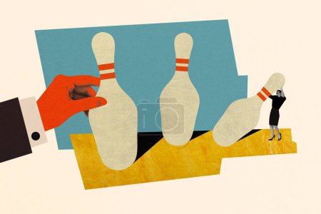 Illustration composite créative collage photo de petite femme pousser grand jeu de skittle bowling avec grande main isolé sur fond de dessin.