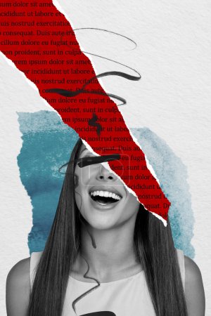Vertikale Bildcollage von jungen Mädchen blinden augenlosen Lachen Glück Fragment Stück Papier Text rote Zähne Mund psychedelisch isoliert auf gemaltem Hintergrund.