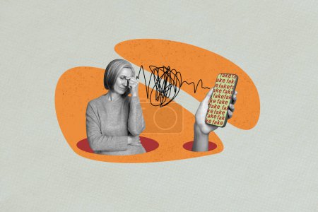 Zusammengesetzte Bild-Collage von aufgebrachten Frau Kopfschmerzen Problem Hand halten iphone Lüge gefälschte Propaganda Desinformation isoliert auf gemaltem Hintergrund.