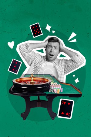Trend image 3d collage photo of black white silhouette young addicted shocked man holds head with hands betting jackpot gambling board.