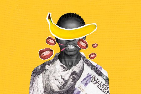 Skizze Bild Verbundkunstwerk 3D Fotocollage von gesichtslosen wütenden Dame Banane statt Augen reden Klatsch Gerüchte tragen Geld Dollar Anzug.