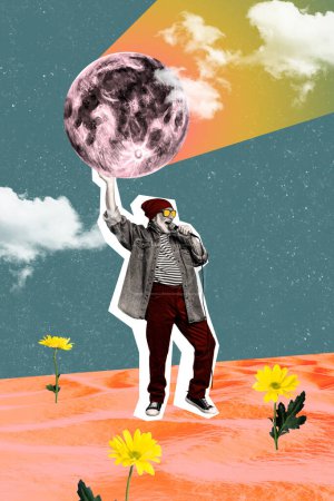 Trend artwork composite sketch 3D photo collage of silhouette old hipster man sing song in surreal landscape moon light party occasion.
