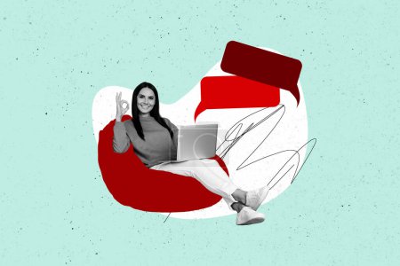 Kreative Collage Bild sitzt junge Frau Fernbedienung Online-Kommunikation Laptop Textbox Blasen Sprachnachricht Internet App Gespräch.