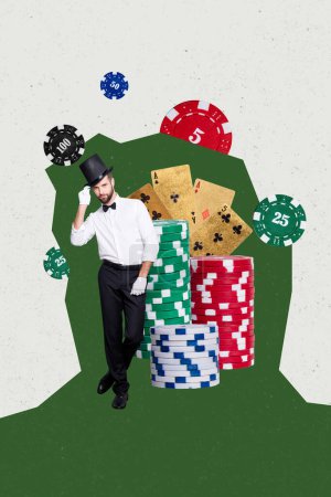 Vertical creative collage picture handsome young gentleman dealer poker cards gambling chips casino luck jackpot player winner.