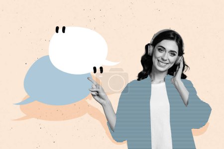 Composite photo collage of happy girl listen music headphones stand point text box communication monologue isolated on painted background.