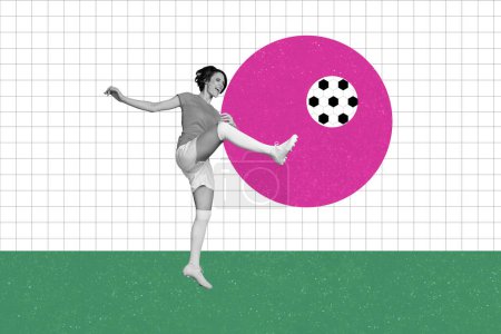 Creative collage picture young excited energetic woman play football kicking ball goal championship game match drawing background.