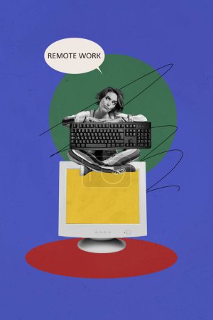 Vertical photo collage of serious girl sit remote keyboard tools computer monitor office worker secretary isolated on painted background.