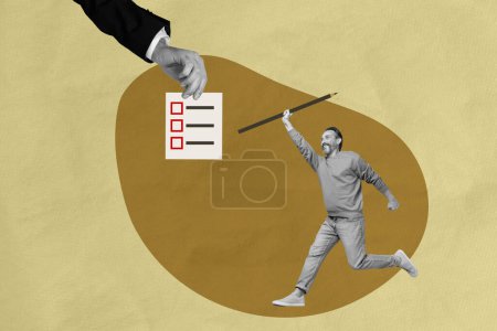 Composite trend artwork sketch image photo collage of aged man hold in hand huge pencil run make choice questionnaire checkmark tip box.