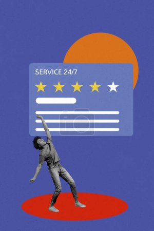 Vertical photo collage of happy american guy jump hand fist up stars support service review evaluation isolated on painted background.