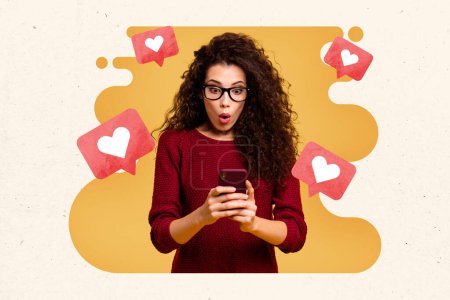 collage creativo imagen joven mujer asombrada omg choque reacción smartphone internet usuario popularidad smm targetologist dibujo fondo.