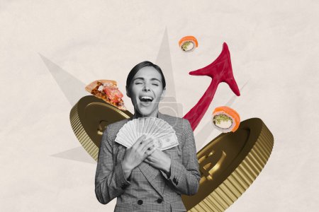 Kreative Poster Bild Collage junge Mädchen Banknoten Bargeld Millionär goldene Wertmarken Münzen Händler Gewinne Investor asiatische Lebensmittel Pizza Junk Diät.