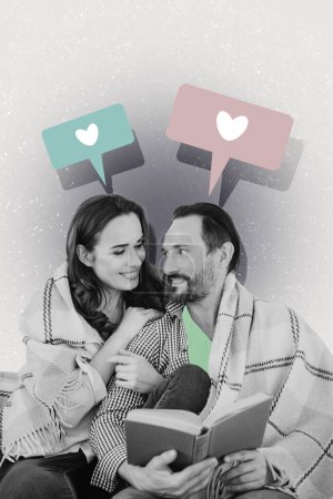 vertical collage imagen socios hombre mujer pareja amantes como corazón notificación partido reacción romántico sentimientos simpatía libro lectores.