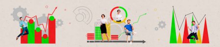 Composite panoramic collage of happy business people girls guy colleagues diagram statistics chart graph isolated on painted background.