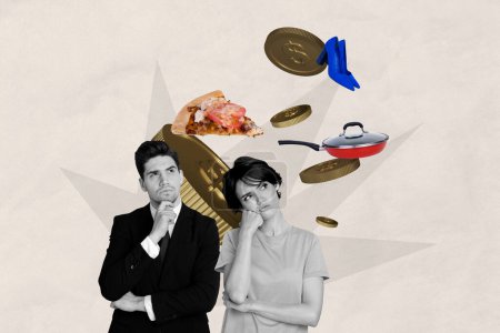 Collage junge unternehmer formalwear kerl händler wirtschaft goldene münzen finanzieren gelangweilte mädchen warten denkend minded shoes pizza ernährung.