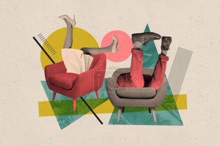 Photo créative collage image jambes humaines corps fragments fauteuil caricature surréaliste concept magasin meubles discount promo.