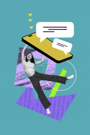 Vertical poster picture collage young happy joyful girl smartphone device digital virtual app messenger conversation drawing background.