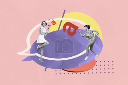 Kreative Bild-Collage läuft Mädchen Tennisspieler Turnier Wettbewerb Textbox Kommunikationskonzept Zeichnung Hintergrund.