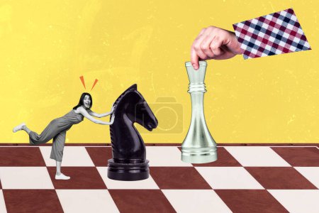 tendencia ilustraciones bosquejo collage de joven inteligente dama jugar al ajedrez stand en enorme tablero tire empuje jugar figura hacer movimiento resolver rompecabezas estrategia.