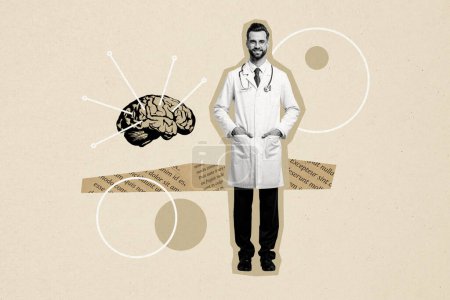 Composite photo collage of young doctor neurosurgeon brain organ structure science medicine knowledge isolated on painted background.