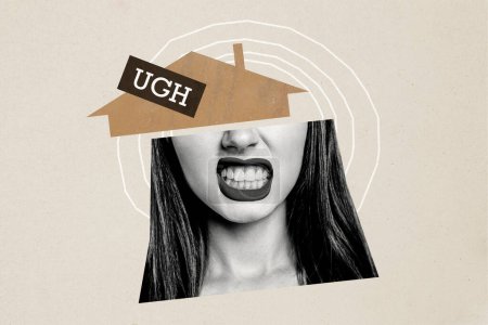 Composite Foto-Collage wütender Mädchen Grimasse Zähne halb Gesicht Haus bewegt Abneigung gegen Unzufriedenheit, verärgert isoliert auf gemaltem Hintergrund.