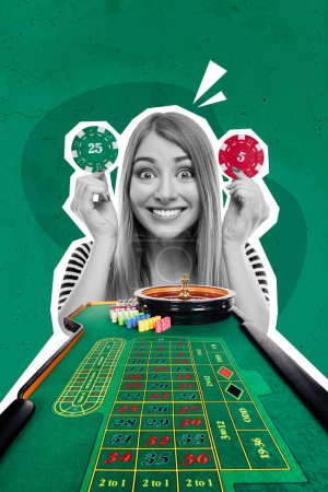 Artwork 3d collage photo of black white silhouette young excited lady hold in hands gambling chips stand behind poker table chance win.