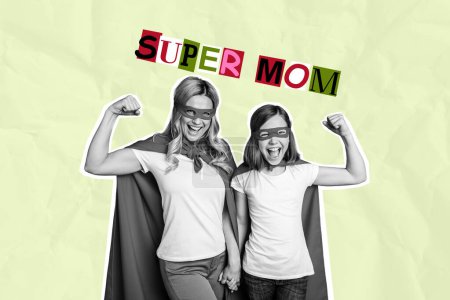 Artwork plantilla collage de mamá hija mostrar músculos pretender superhéroe madre día amor celebración concepto valla cómics zine minimal.