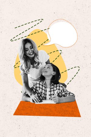 Kunstwerk Bild Collage von charmanten schönen Mutter Hausaufgaben zu Hause mit Tochter zusammen isoliert auf dem Zeichenhintergrund.