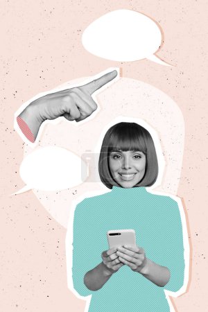 Vertical photo collage of happy smile girl hold iphone type message hand point index text box phrase chat isolated on painted background.