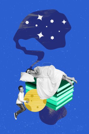 Vertical creative collage picture sleeping woman covered blanket pillow bedtime night dreaming young kid boy moon planet book pile.