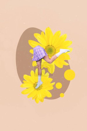 Image composite de collage vertical de mini jambes de fille recadrée grande fleur de marguerite isolé sur fond créatif.