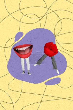 Dibujo compuesto imagen ilustraciones collage de dos labios rojos jóvenes boca de incógnito persona pareja amigos chisme juntos hablar rumor descanso relajarse.